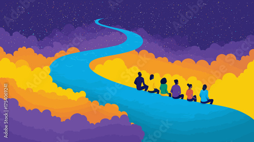 Six people seated on a winding blue path surrounded by orange and purple clouds under a starry night sky
