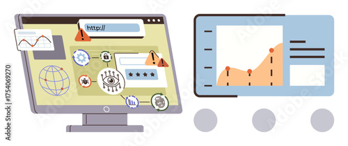 Computer screen with warning icons, locked browser window, settings, global networks, and growth chart panel. Ideal for cybersecurity, data protection, online threats, analytics risk mitigation