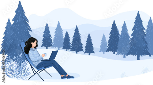 Stylized illustration of a woman sitting on a folding chair using a laptop and holding a mug in a snowy winter forest scene