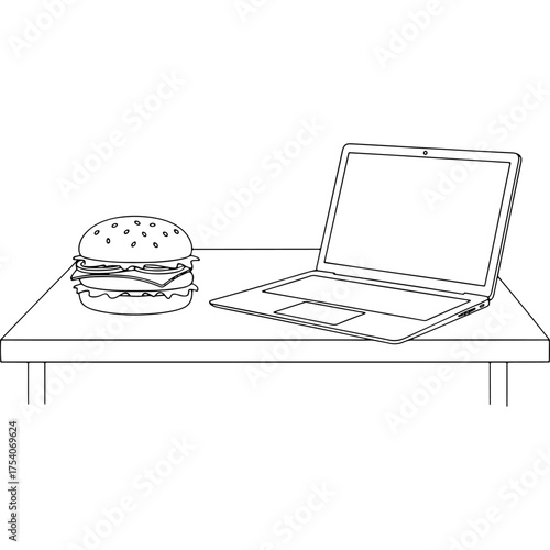 Simple line art illustration of laptop and hamburger on a table. Concept of lunch at work, home office or study time food. Black and white conceptual sketch, symbol of digital work.