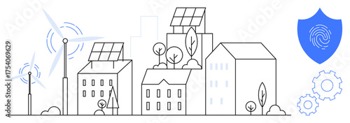 Solar panels, wind turbines, trees, and buildings emphasize sustainability. A fingerprint shield and gear imply technology, innovation, and security. Ideal for renewable energy, eco-living smart