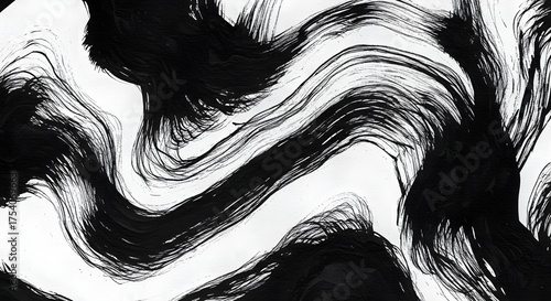 Abstract black brushstrokes on white background, creating dynamic wave-like shapes and textures