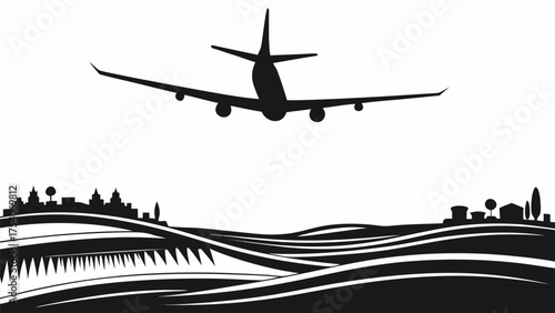 Airplane soars gracefully above rolling hills and distant cityscape in striking silhouette design