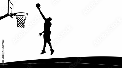 Dynamic basketball player silhouette soaring for a slam dunk, captured in a powerful vector style