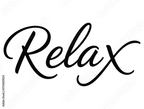 Elegant black cursive calligraphy word relax on a white background