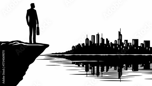 Confident businessman overlooking modern city skyline, planning future success, opportunity and ambition