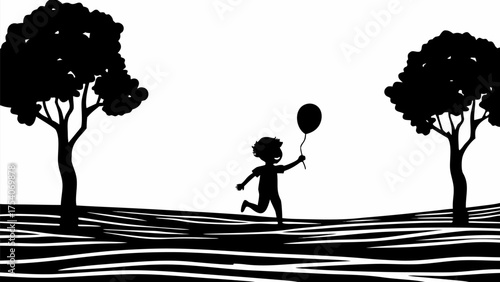 Joyful young boy running with a balloon in a park, enjoying childhood freedom and nature's beauty