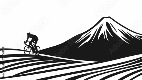 Cyclist silhouette riding near majestic mountain, capturing freedom and endurance in nature, bold design
