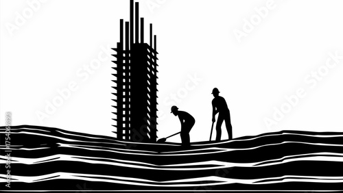 Dynamic construction site scene showcasing teamwork and progress on a modern building project