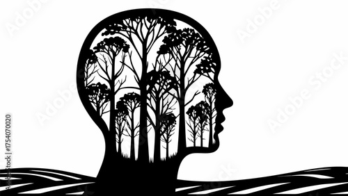 Silhouette head filled with trees, nature within, symbolizing inner peace and connection to nature