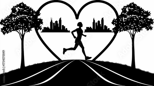 Empowering silhouette of woman running towards city skyline framed by heart shape and trees