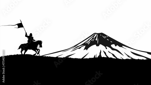 Epic silhouette of horse rider with flag near mountain peak, symbolizing triumph and adventure