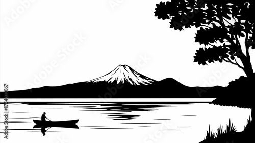 Serene mountain lake escape with lone rower enjoying tranquil nature in silhouette design