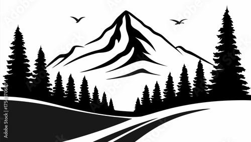 Striking mountain peak silhouette with soaring birds and evergreen trees creating a serene wilderness scene