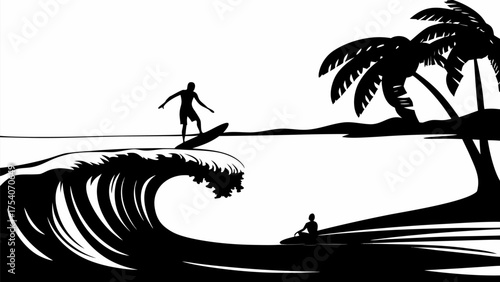 Epic surfing adventure awaits with palm trees and ocean waves for summer fun and tropical getaway vibes