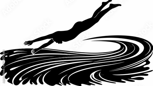 Dynamic silhouette of a diver plunging into a stylized wave, embodying freedom and adventure