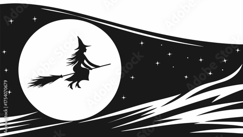 Spooky Halloween night scene with a witch flying on her broom across a bright full moon