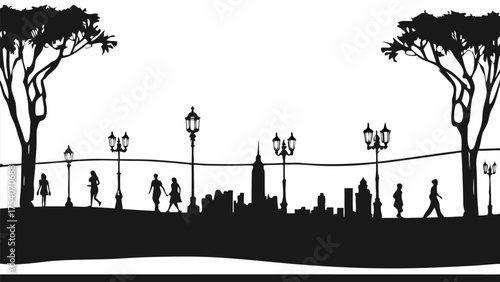 Vibrant city skyline silhouette with people walking by stylish street lamps, perfect for urban lifestyle designs