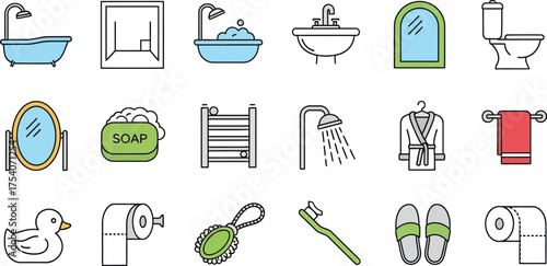 Bathroom icons set with bathtub toilet and other elements