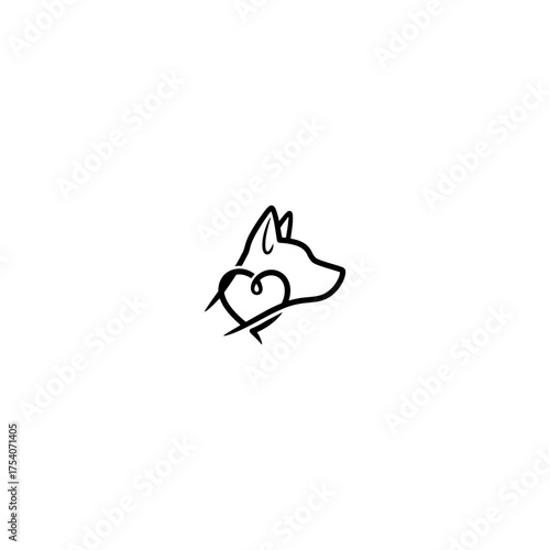 Minimalist dog profile, heart entwined