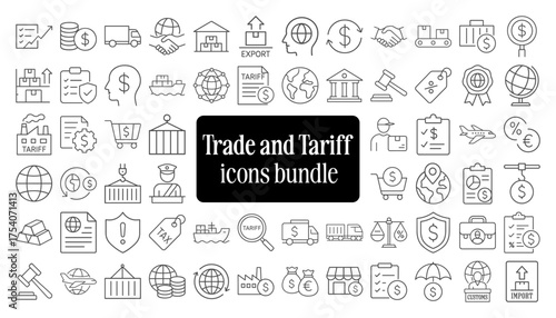 Trade and Tariff Icons Bundle – Global Business, Export Import, and Finance Symbol Collection for Economic and Logistics Design