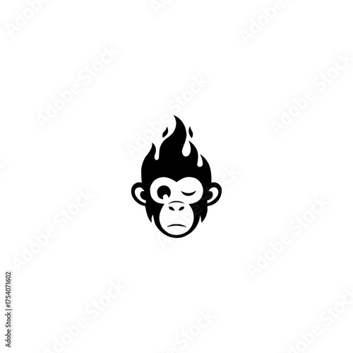 Monkey face winking; stylized flaming hair; black silhouette