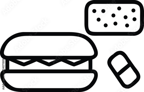 Stylized outline icon of a hamburger with cheese and a pill representing fast food and medicine