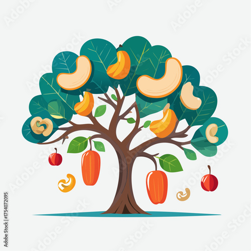 Cashew fruits and leaves on a tree branch with ripe cashews hanging from it