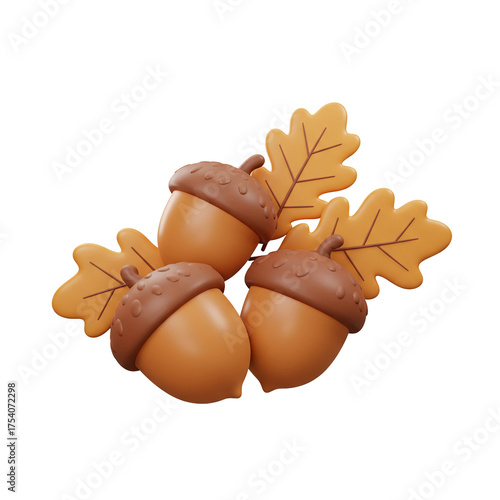 Three cartoon acorns with brown caps and accompanying stylized oak leaves, isolated.