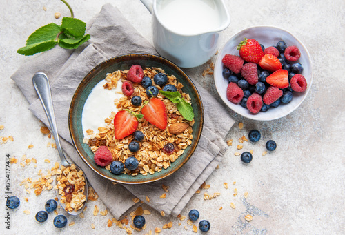 Healthy breakfast granola yogurt bowl with fresh berries