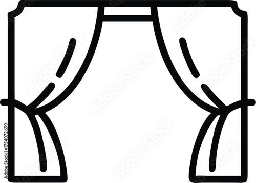 Simple outline icon of an open archway with draped curtains tied back on both sides