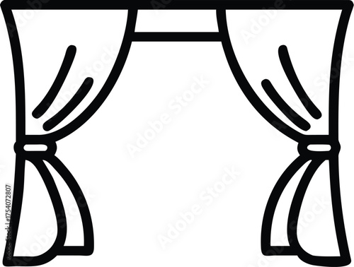 Simple outline icon of an open archway with draped curtains tied back on both sides
