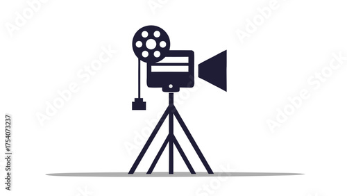 A vintage film reel from a movie is isolated on a white background with old cinema equipment like a black metal stand