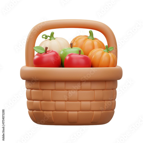 A 3D rendered basket overflowing with various colorful fruits and pumpkins.