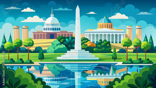 Flat minimal cartoon of Washington D.C. National Mall with monument, reflecting pool, and green trees.