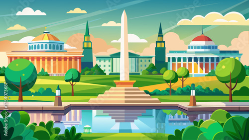 Flat minimal cartoon of Washington D.C. National Mall with monument, reflecting pool, and green trees.