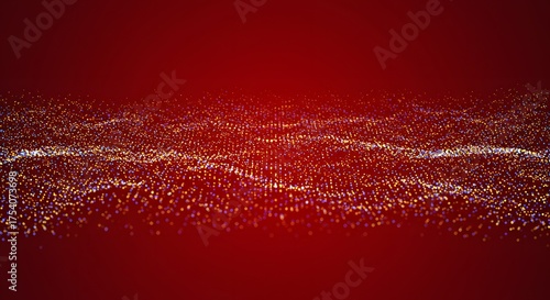 Abstract digital wave of dots in gold and blue, set against a rich red gradient background