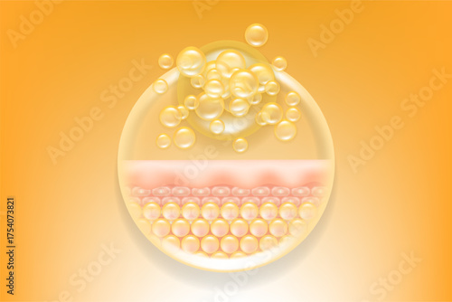 Hyaluronic acid and Niacinamide hair and skin solutions ad, gold collagen serum drops into skin cell with cosmetic advertising background ready to use, illustration vector.	