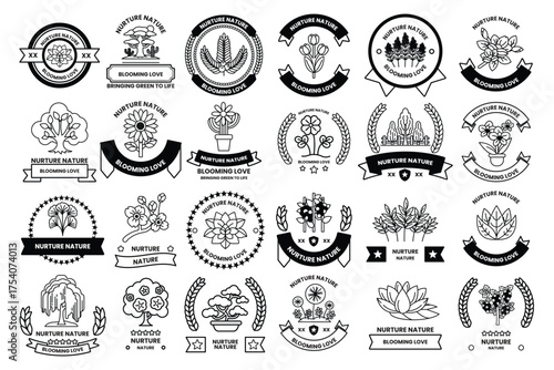 A collection of badges and ribbons with trees and flowers on them