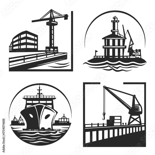 Vector art of set of vector emblems with sea port, construction site