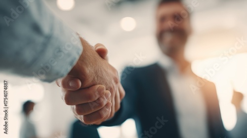 Business interview handshake between client and man finalizing contract in modern office environment with professional viewpoint