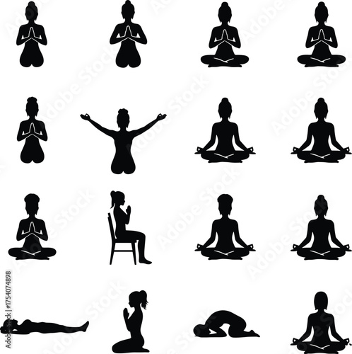 Diverse Meditation, Yoga, and Prayer Postures Silhouette CollectionDiverse Meditation, Yoga, and Prayer Postures Silhouette Collection