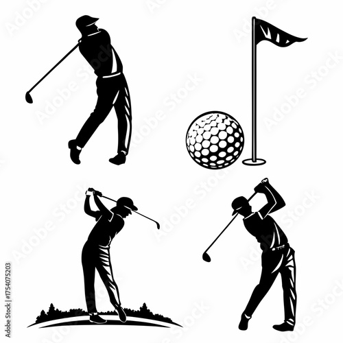 Vector art of silhouetted illustrations depicting golf player and equipment