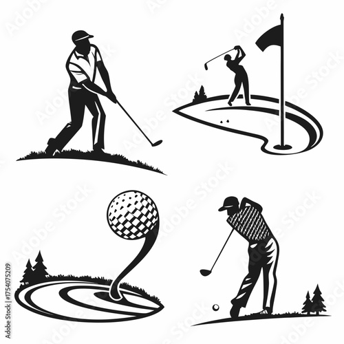 Vector art of silhouetted illustrations depicting golf player and course