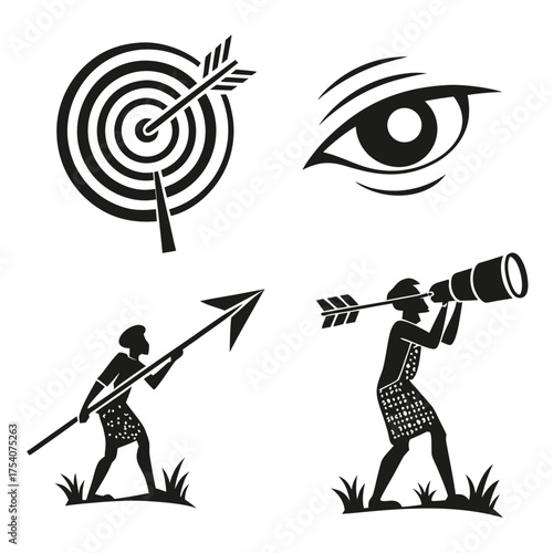 Vector art of primitive man with arrow and telescope