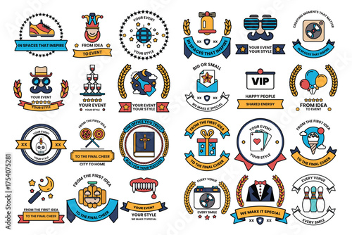 A collection of badges and ribbons with various designs and themes