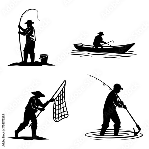 Vector art of fisherman silhouette vector set fishing, net, boat, water