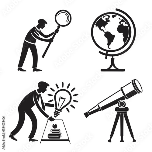 Vector art of man searching with magnifying glass and telescope