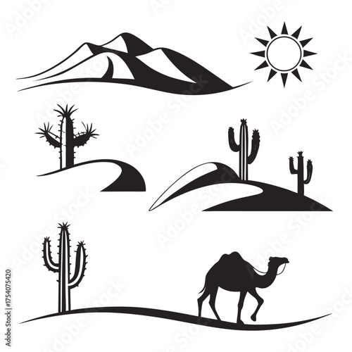 Vector art of silhouette desert landscape with mountains, sun, cactus and camel