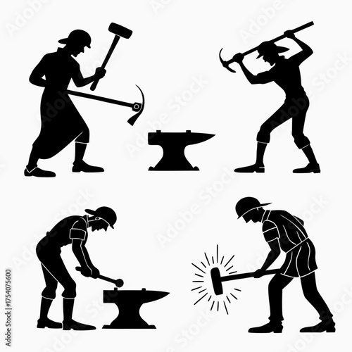 Vector art of silhouettes of blacksmiths working with hammers and anvils